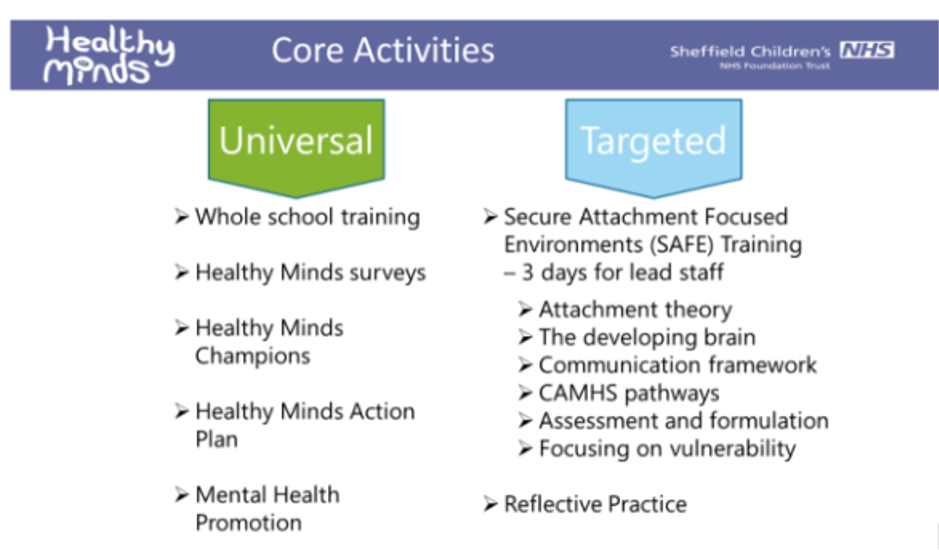 Healthy Minds Core Activities either Universal or Targeted.
Universal include:
Whole school training
Healthy Minds surveys
Healthy Minds Champions
Healthy Minds Action Plan
Mental Health Promotion

Targeted:
Reflective Practice
Secure Attachment Focussed Environments (SAFE) Training - 3 days for staff lead, content includes:
Attachment theory
The developing brain
Communication framework
CAMHS pathways
Assessment and formulation
Focussing on vulnerability
