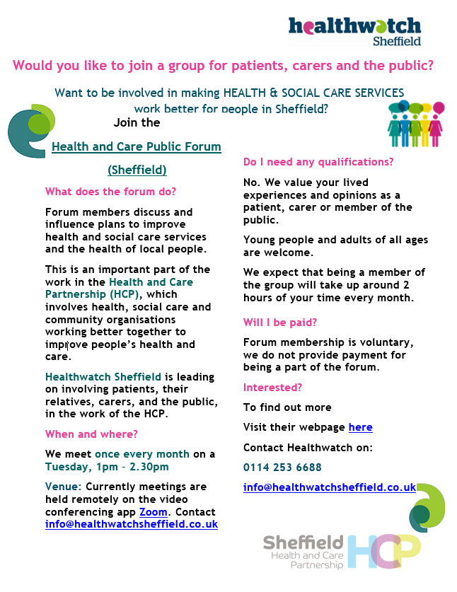 Health & Care Public Forum Flyer containing meeting details. Please contact info@healthwatchsheffield.co.uk to receive these.