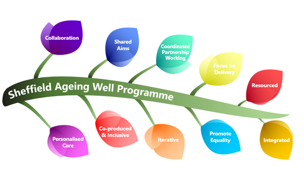 Sheffield Ageing Well Programme: 1. Collaboration 2. Personalised Care 3. Shared Aims 4. Co-produced & inclusive 5. Coordinated Partnership Working 6. Iterative 7. Focus on Delivery 8. Promote Equality 9. Resourced 10. Integrated